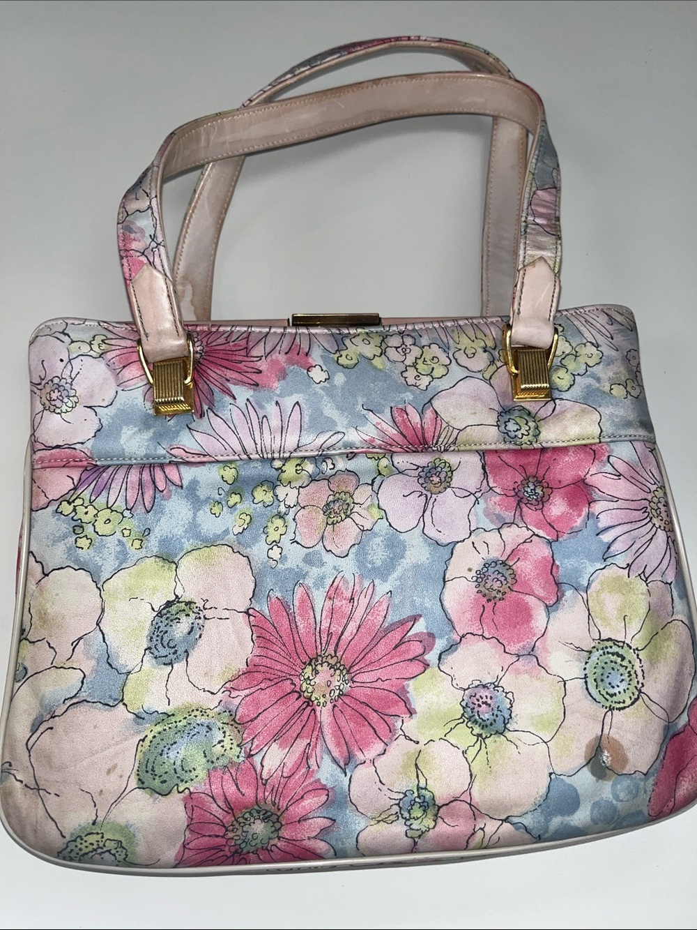 Varon Vintage Floral Watercolor Hand Shoulder Bag - Pink, Blue & Cream